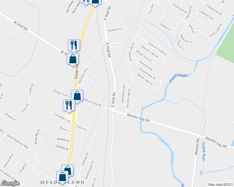 map of restaurants, bars, coffee shops, grocery stores, and more near 12705 East Orell Road in Louisville