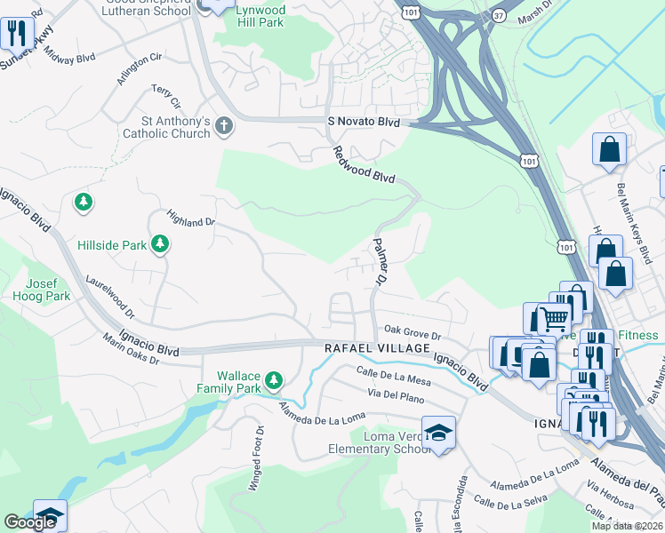 map of restaurants, bars, coffee shops, grocery stores, and more near 33 Rowe Ranch Drive in Novato