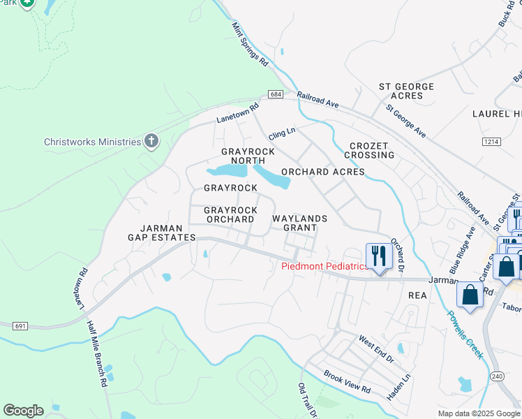 map of restaurants, bars, coffee shops, grocery stores, and more near 1550 Jarman Lake Road in Crozet