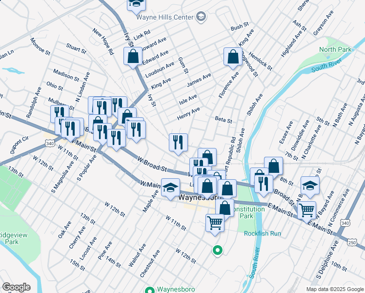 map of restaurants, bars, coffee shops, grocery stores, and more near 141 Elizabeth Avenue in Waynesboro