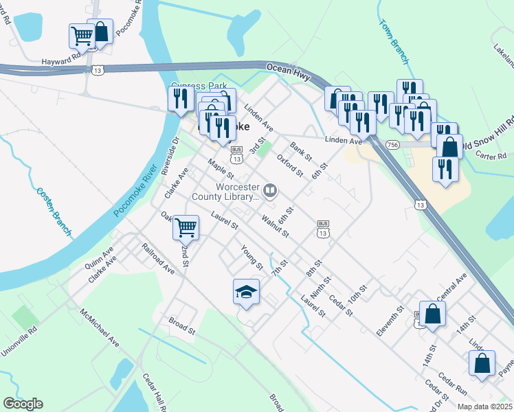 map of restaurants, bars, coffee shops, grocery stores, and more near 503 Walnut Street in Pocomoke City