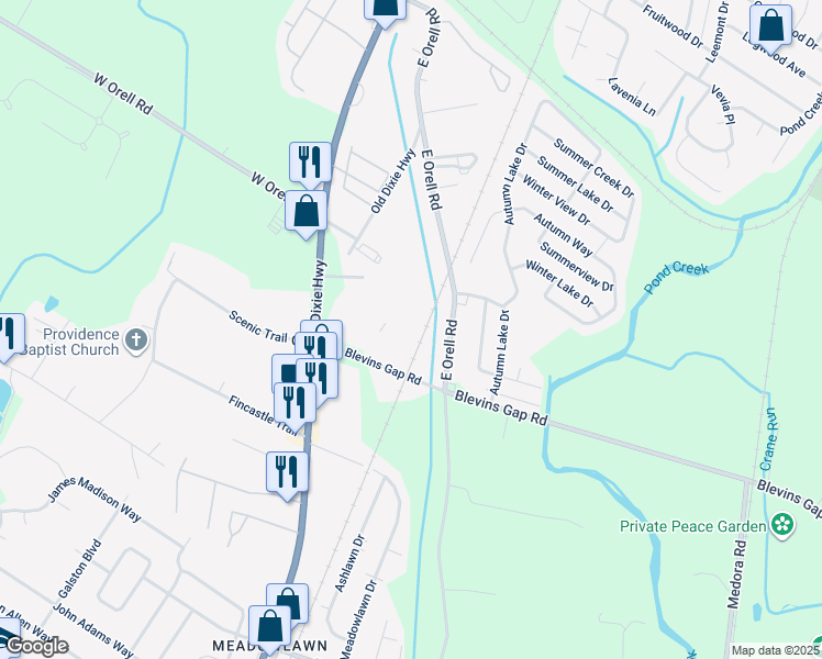 map of restaurants, bars, coffee shops, grocery stores, and more near 6503 Blevins Gap Road in Louisville