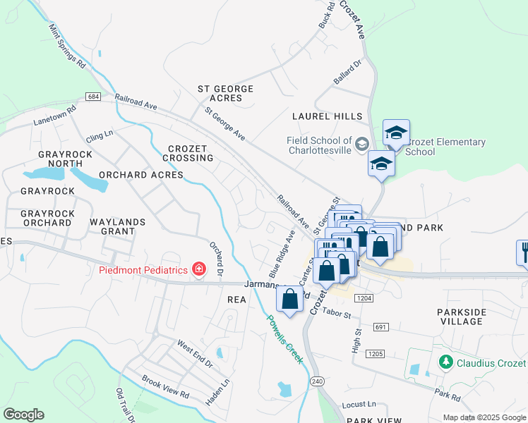 map of restaurants, bars, coffee shops, grocery stores, and more near 5955 McComb Street in Crozet
