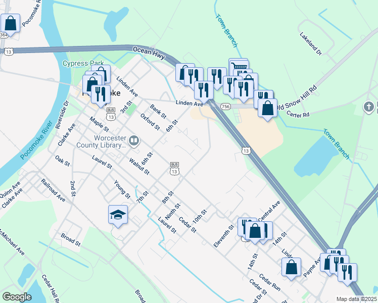 map of restaurants, bars, coffee shops, grocery stores, and more near 619 Oxford Street in Pocomoke City