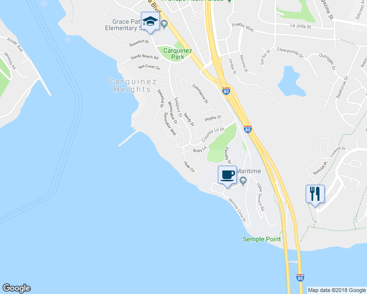 map of restaurants, bars, coffee shops, grocery stores, and more near Seaport Drive & Jade Circle in Vallejo