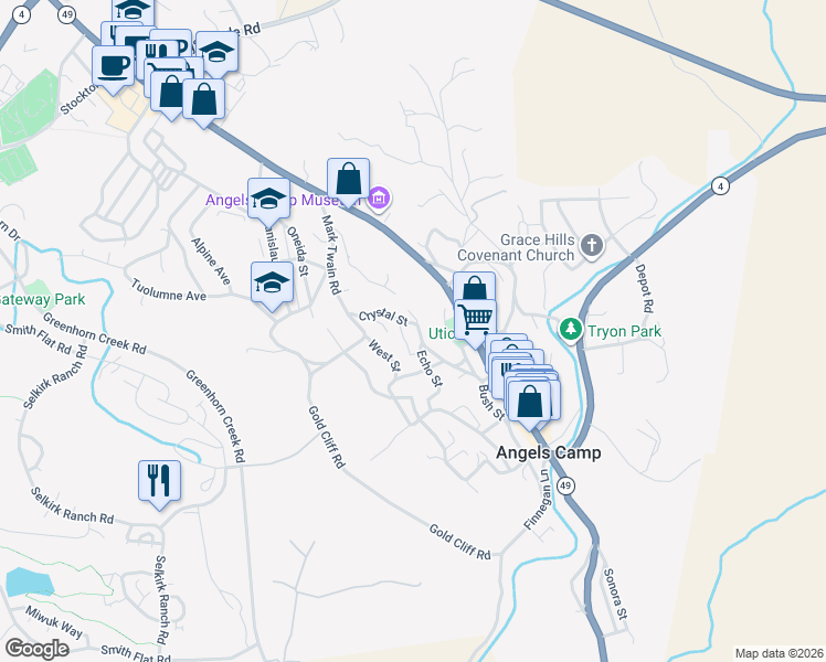 map of restaurants, bars, coffee shops, grocery stores, and more near 1050 Echo Street in Angels Camp