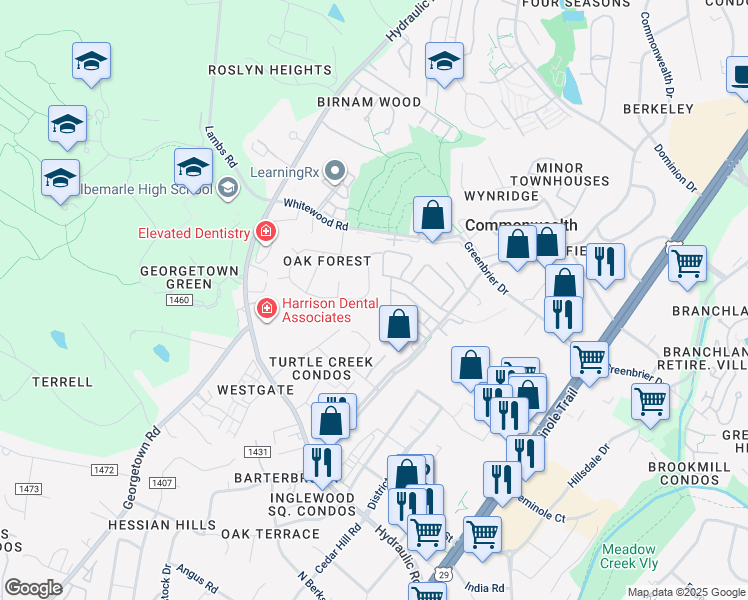 map of restaurants, bars, coffee shops, grocery stores, and more near 112 Oak Forest Circle in Charlottesville