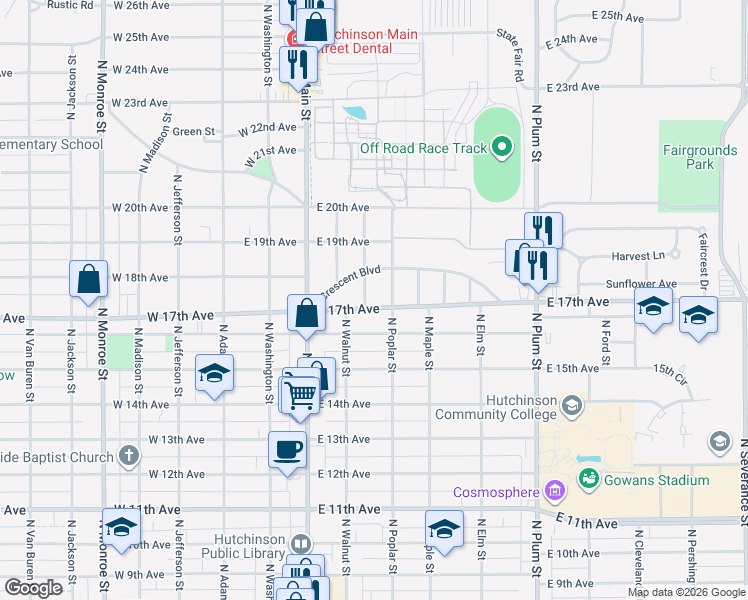 map of restaurants, bars, coffee shops, grocery stores, and more near 121 East 17th Avenue in Hutchinson