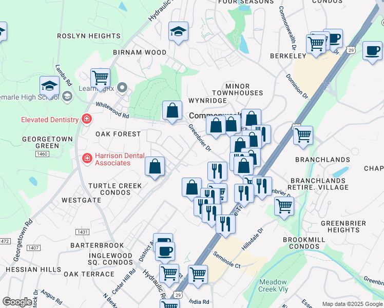 map of restaurants, bars, coffee shops, grocery stores, and more near 300 Commonwealth Court in Charlottesville