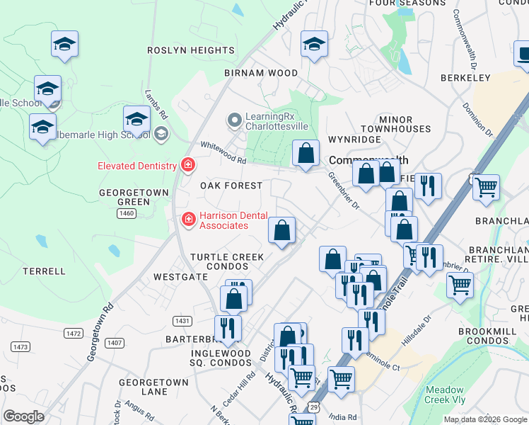 map of restaurants, bars, coffee shops, grocery stores, and more near 110 Oak Forest Circle in Charlottesville