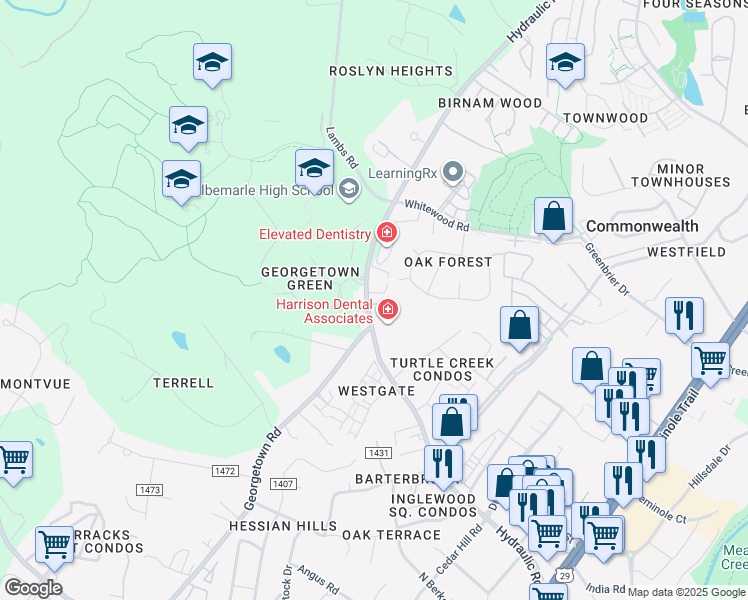 map of restaurants, bars, coffee shops, grocery stores, and more near in Albemarle County