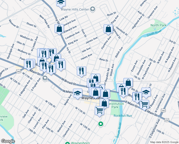 map of restaurants, bars, coffee shops, grocery stores, and more near 140 Florence Avenue in Waynesboro