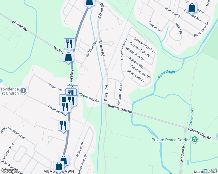 map of restaurants, bars, coffee shops, grocery stores, and more near 12705 East Orell Road in Louisville