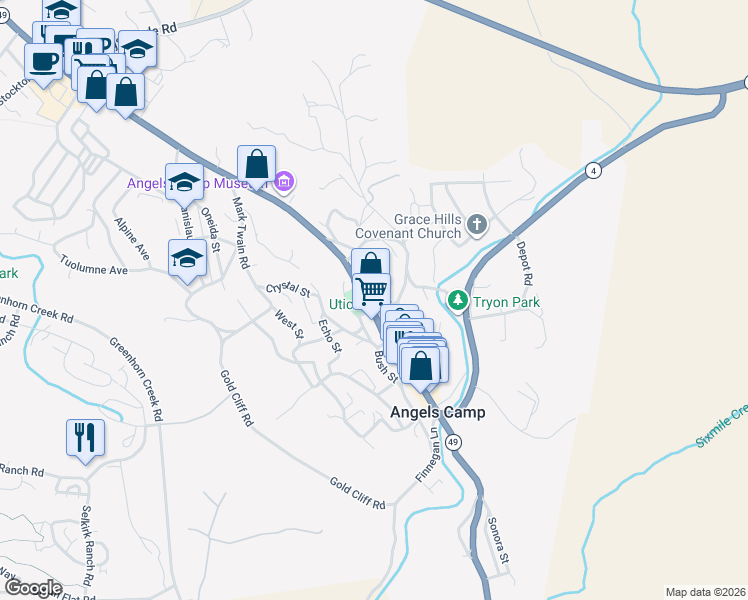 map of restaurants, bars, coffee shops, grocery stores, and more near 1049 S Main St in Angels Camp