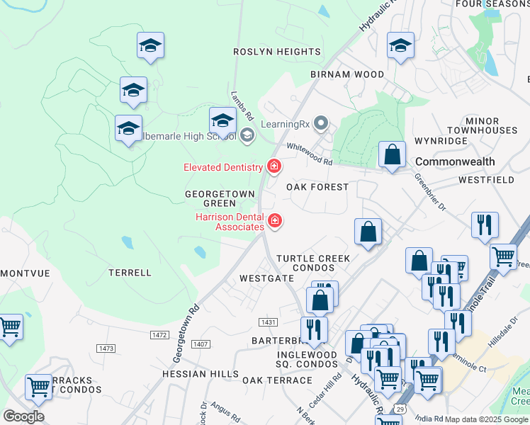 map of restaurants, bars, coffee shops, grocery stores, and more near in Albemarle County