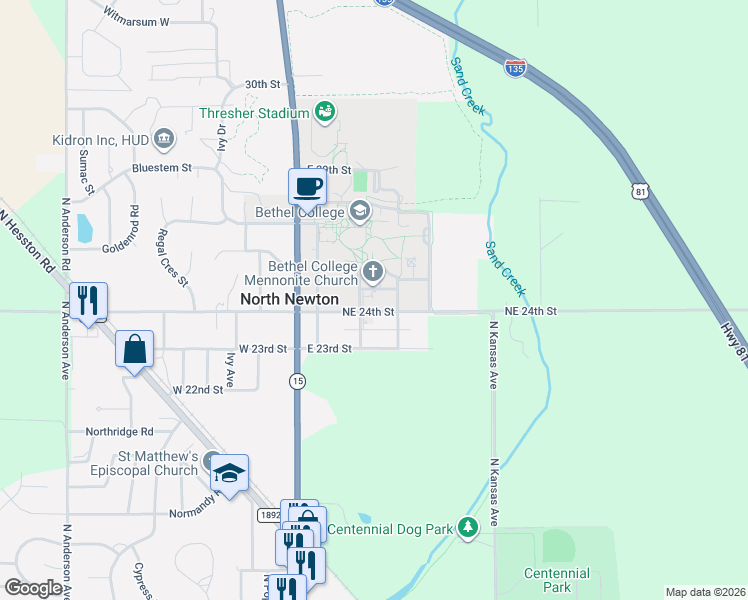 map of restaurants, bars, coffee shops, grocery stores, and more near 2512 College Ave in North Newton