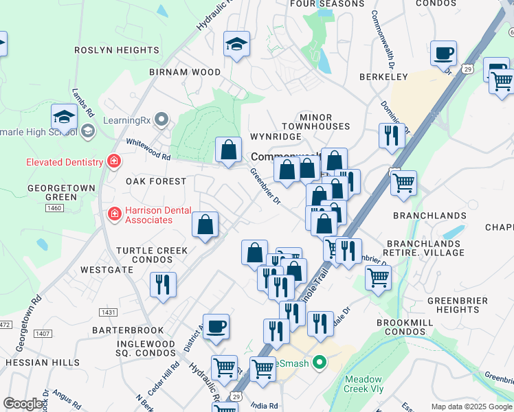 map of restaurants, bars, coffee shops, grocery stores, and more near 2427 Peyton Drive in Charlottesville
