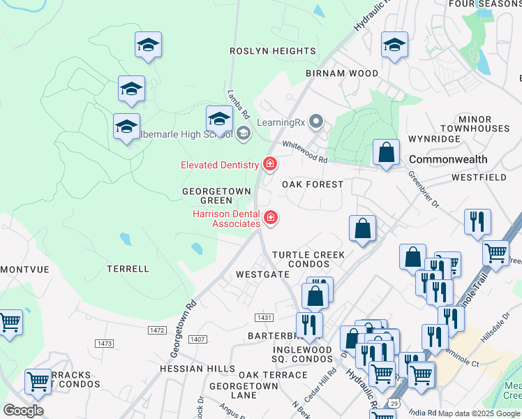 map of restaurants, bars, coffee shops, grocery stores, and more near in Albemarle County