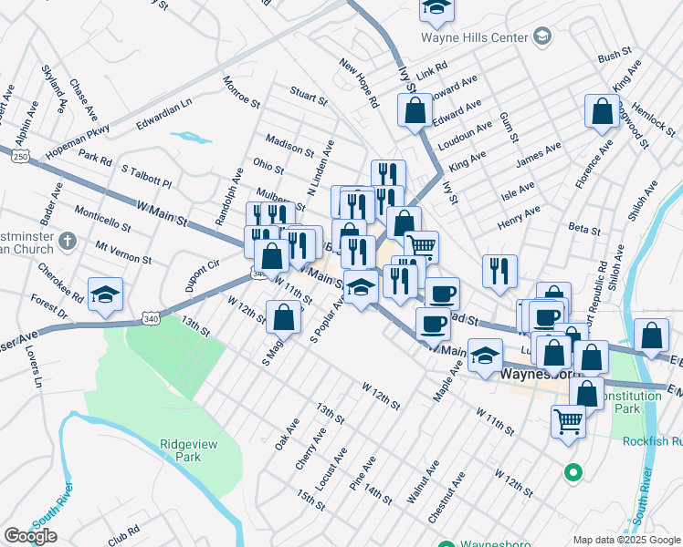map of restaurants, bars, coffee shops, grocery stores, and more near 1300 West Main Street in Waynesboro