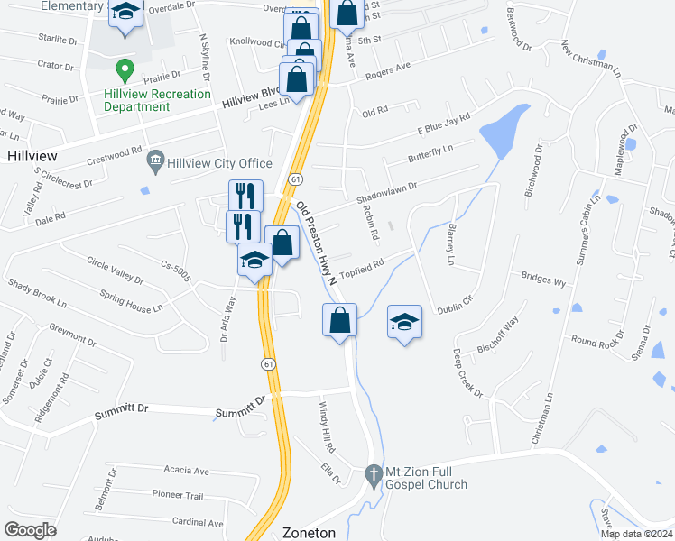map of restaurants, bars, coffee shops, grocery stores, and more near 119 Topfield Road in Louisville