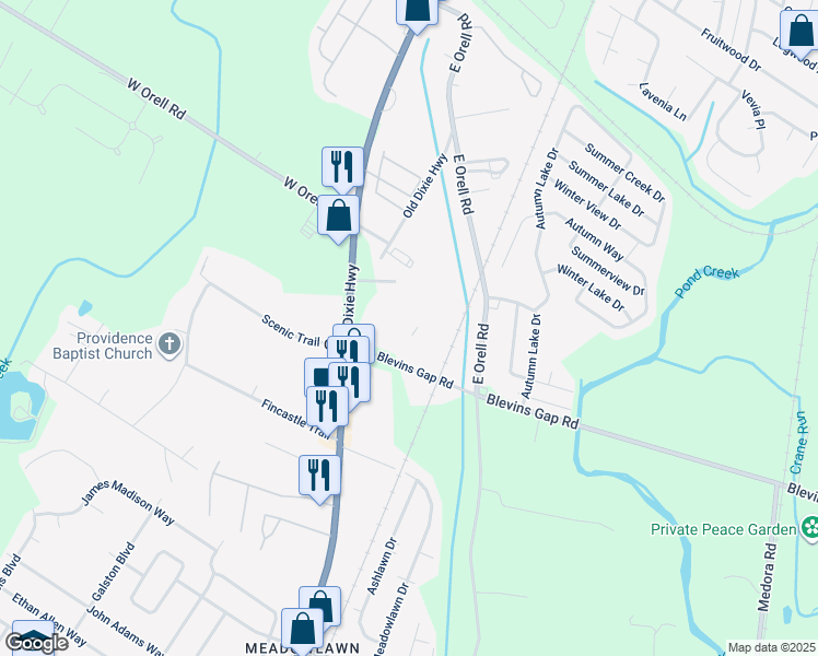 map of restaurants, bars, coffee shops, grocery stores, and more near 6515 Blevins Gap Road in Louisville