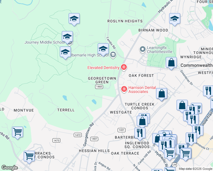 map of restaurants, bars, coffee shops, grocery stores, and more near 143 Georgetown Green in Charlottesville