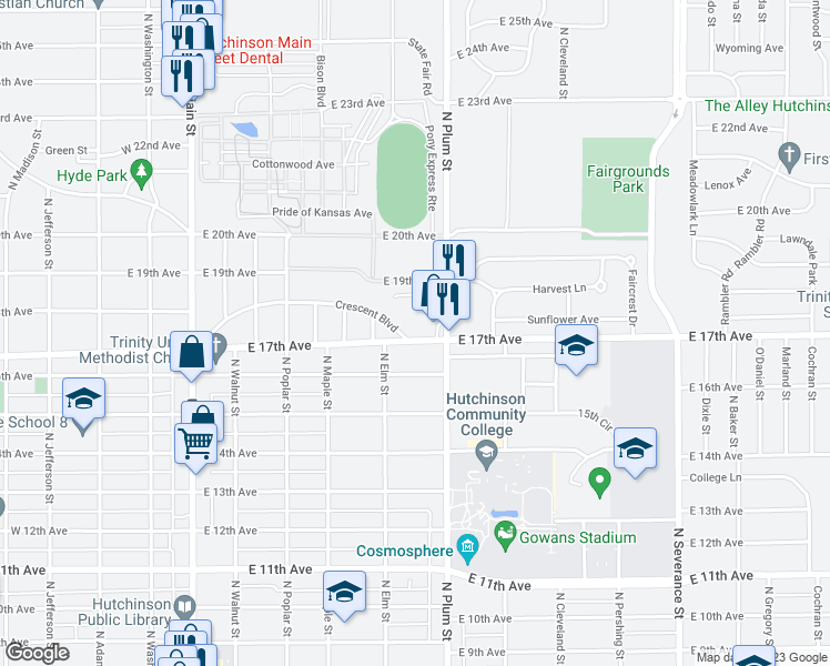 map of restaurants, bars, coffee shops, grocery stores, and more near 426 Crescent Boulevard in Hutchinson