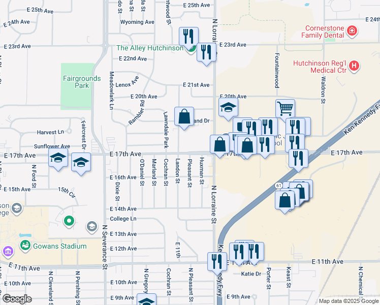 map of restaurants, bars, coffee shops, grocery stores, and more near 1300 East 17th Avenue in Hutchinson