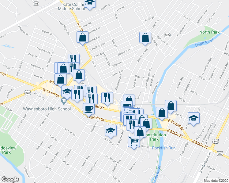 map of restaurants, bars, coffee shops, grocery stores, and more near 705 Ivy Street in Waynesboro