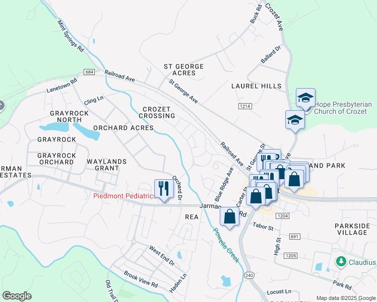 map of restaurants, bars, coffee shops, grocery stores, and more near 2867 Rambling Brook Lane in Crozet