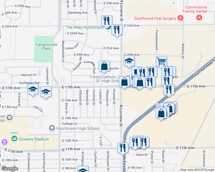map of restaurants, bars, coffee shops, grocery stores, and more near 1300 East 17th Avenue in Hutchinson