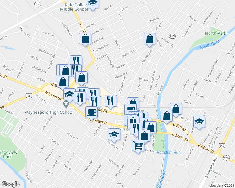 map of restaurants, bars, coffee shops, grocery stores, and more near 707 Ivy Street in Waynesboro