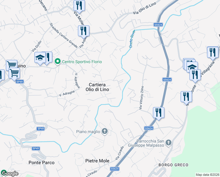 map of restaurants, bars, coffee shops, grocery stores, and more near 42 Contrada Cavallacci in Case Adragna