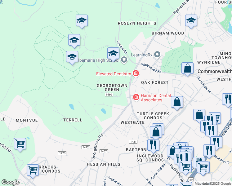 map of restaurants, bars, coffee shops, grocery stores, and more near 114 Georgetown Green in Charlottesville