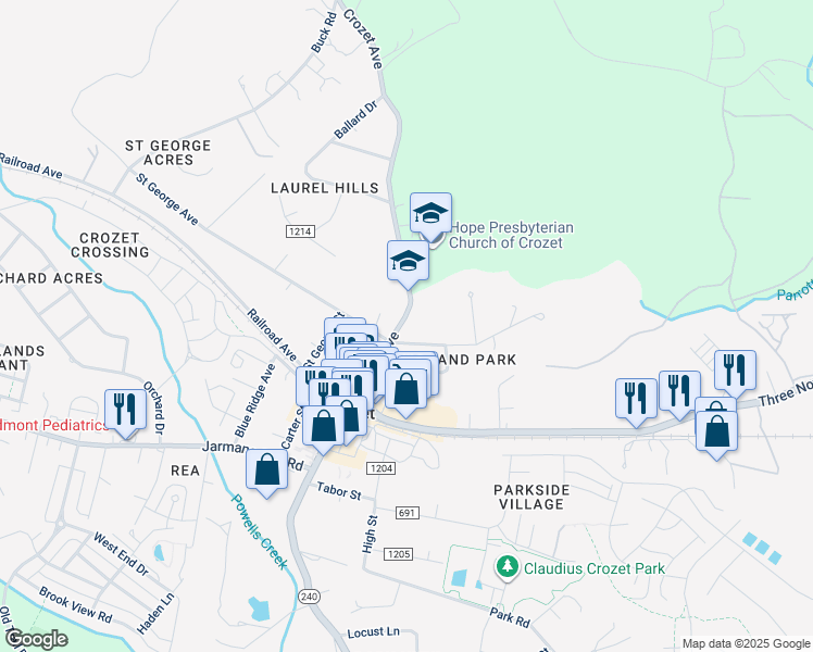 map of restaurants, bars, coffee shops, grocery stores, and more near 1335 Crozet Avenue in Crozet