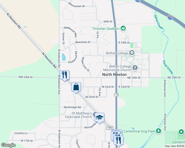 map of restaurants, bars, coffee shops, grocery stores, and more near 2-6 Jasper Court in North Newton