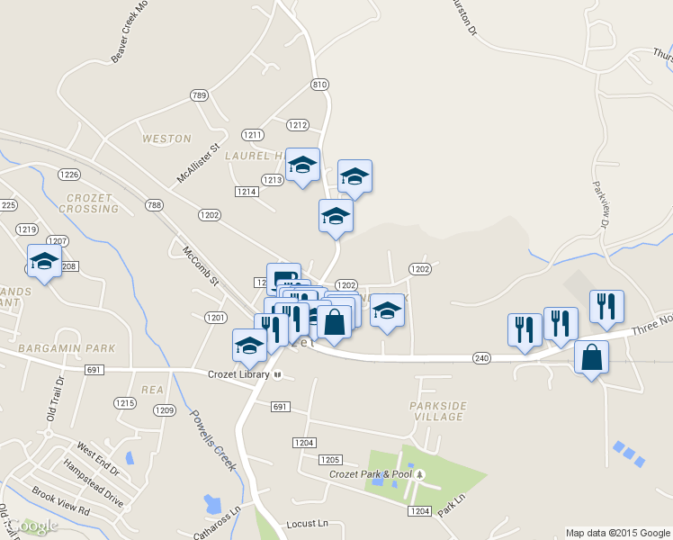 map of restaurants, bars, coffee shops, grocery stores, and more near 1335 Crozet Avenue in Crozet
