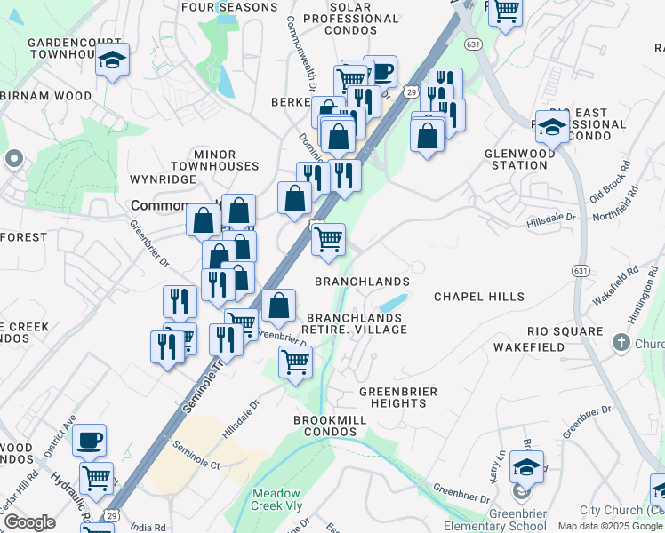 map of restaurants, bars, coffee shops, grocery stores, and more near 585 Branchlands Boulevard in Charlottesville