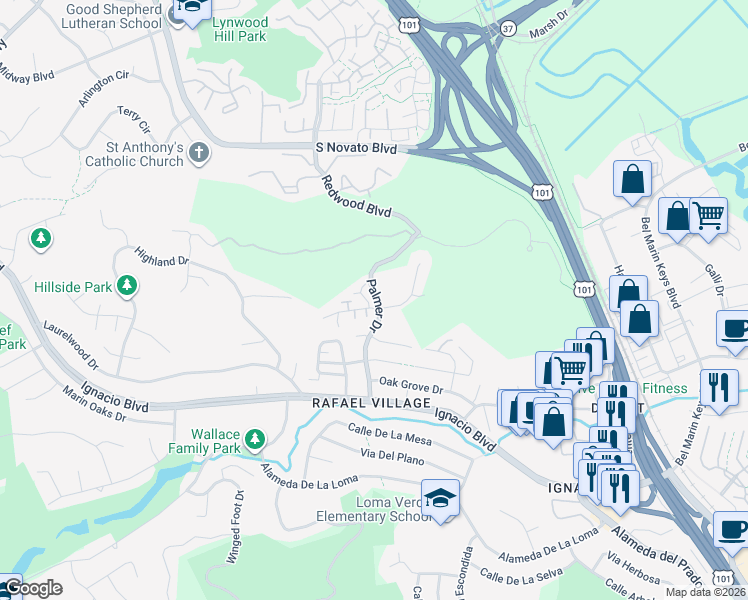 map of restaurants, bars, coffee shops, grocery stores, and more near 33 Rowe Ranch Court in Novato