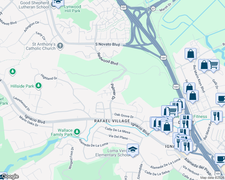 map of restaurants, bars, coffee shops, grocery stores, and more near 33 Rowe Ranch Court in Novato