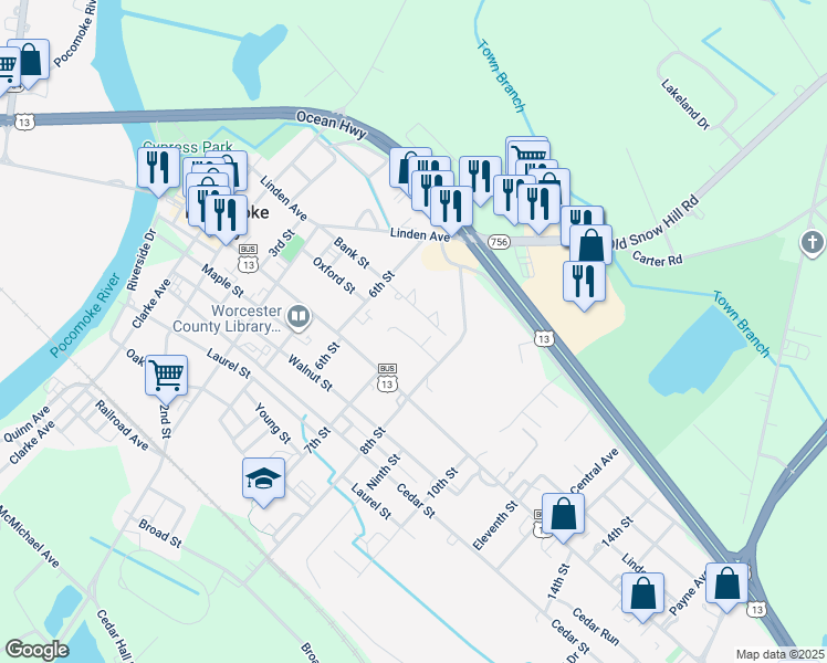 map of restaurants, bars, coffee shops, grocery stores, and more near 619 Oxford Street in Pocomoke City