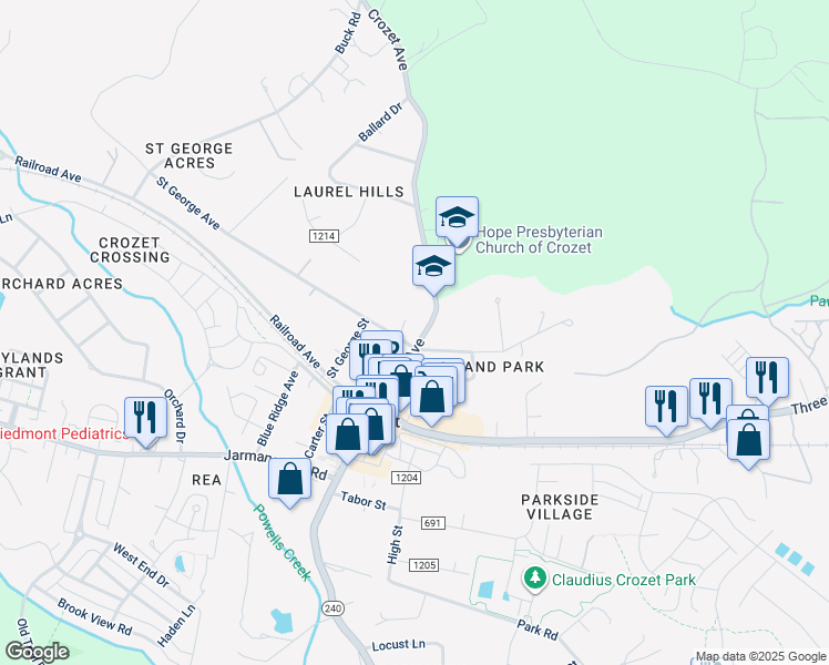 map of restaurants, bars, coffee shops, grocery stores, and more near 5724 Saint George Avenue in Crozet