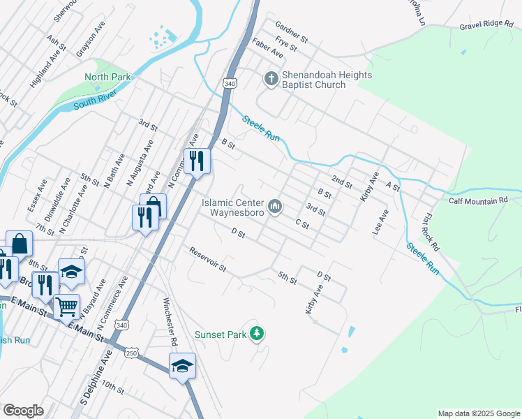 map of restaurants, bars, coffee shops, grocery stores, and more near 116 Woosley Circle in Waynesboro
