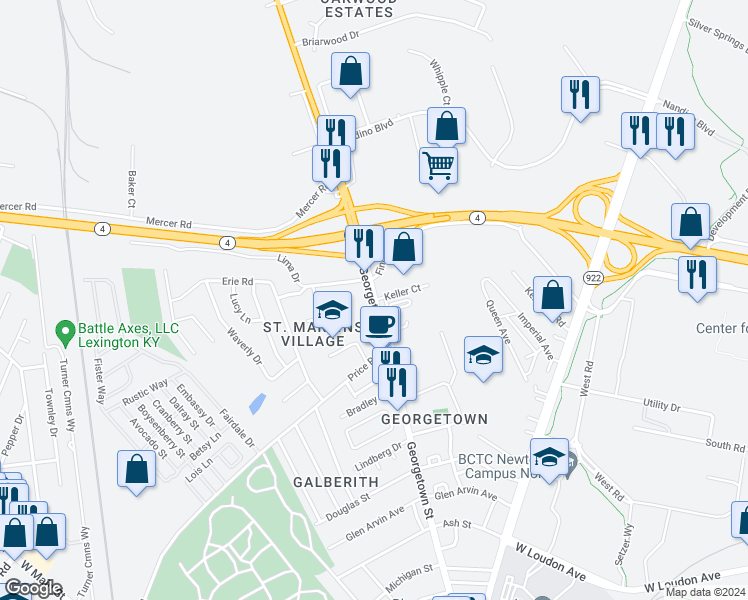map of restaurants, bars, coffee shops, grocery stores, and more near Georgetown Street in Lexington