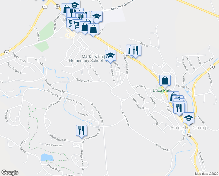 map of restaurants, bars, coffee shops, grocery stores, and more near 1026 Tuolumne Avenue in Angels Camp