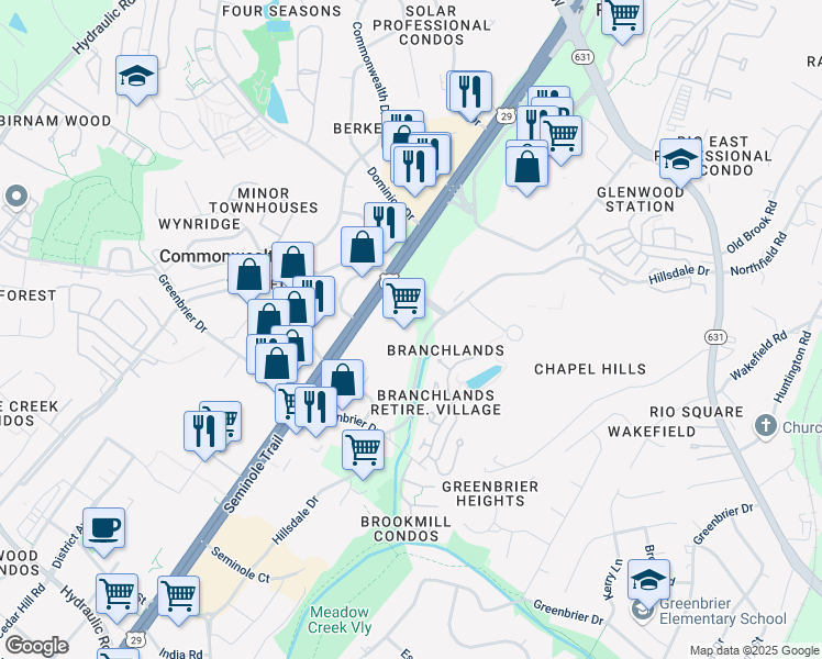 map of restaurants, bars, coffee shops, grocery stores, and more near 585 Branchlands Boulevard in Charlottesville