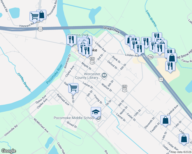 map of restaurants, bars, coffee shops, grocery stores, and more near 400 4th Street in Pocomoke City