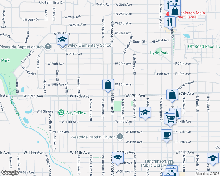 map of restaurants, bars, coffee shops, grocery stores, and more near 1727 North Monroe Street in Hutchinson
