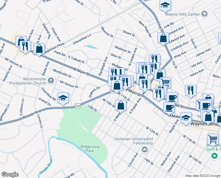 map of restaurants, bars, coffee shops, grocery stores, and more near 1601 West Main Street in Waynesboro