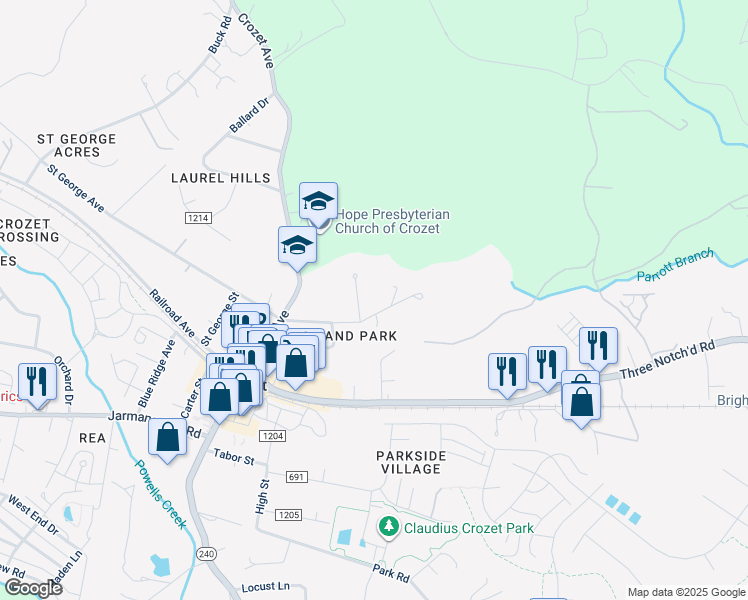 map of restaurants, bars, coffee shops, grocery stores, and more near 5606 Saint George Avenue in Crozet
